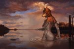  2019 anthro brown_fur brown_hair canine day detailed_background digital_media_(artwork) digital_painting_(artwork) female fur hair mammal outside partially_submerged shwonky sky solo standing water 