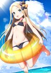  :d abigail_williams_(fate/grand_order) bangs bare_legs barefoot bell_(oppore_coppore) bikini black_bikini blonde_hair blue_sky bow breasts day dutch_angle fate/grand_order fate_(series) full_body hair_bow horizon innertube long_hair looking_at_viewer lowleg lowleg_bikini navel open_mouth outdoors parted_bangs sidelocks sky small_breasts smile solo sunlight swimsuit 