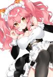  animal_ear_fluff animal_ears bangs black_legwear breasts detached_sleeves fate/extella fate/extra fate/grand_order fate_(series) fox_ears fox_shadow_puppet hasegawa_(rarairairai) highres large_breasts long_hair long_sleeves looking_at_viewer maid maid_headdress pink_hair simple_background smile tamamo_(fate)_(all) tamamo_no_mae_(fate) thighhighs tongue tongue_out twintails wavy_hair white_background yellow_eyes 