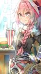  astolfo_(fate) bangs bendy_straw black_bow black_shirt black_skirt blue_sky blush bow braid buckle closed_mouth commentary_request contemporary cup day disposable_cup drinking_straw fang fang_out fast_food fate/apocrypha fate_(series) food french_fries gold_trim gorget hair_between_eyes hair_bow hair_intakes hair_over_shoulder hamburger hand_on_hip holding lettuce long_braid long_hair long_sleeves looking_at_viewer male_focus miniskirt multicolored_hair otoko_no_ko parted_bangs pencil_skirt petite pink_eyes pink_hair puffy_long_sleeves puffy_sleeves sakurai_kouji sheath sheathed shirt signature single_braid skirt sky solo standing streaked_hair sunlight sword turtleneck two-tone_hair upper_body weapon white_hair 