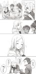  4koma bandages blush cloak closed_eyes comic dancer dress gloves greyscale hat highres long_hair monochrome multiple_girls octopath_traveler olberic_eisenberg open_mouth ophilia_(octopath_traveler) ponytail primrose_azelhart scarf short_hair simple_background smile therion_(octopath_traveler) translation_request tressa_(octopath_traveler) wspread 