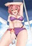  absurdres arm_up bangs bare_shoulders beach_umbrella bikini blue_sky blush bracelet breasts cleavage commentary_request condom_wrapper day demio eyelashes hair_between_eyes highres hips idolmaster idolmaster_cinderella_girls jewelry jougasaki_mika large_breasts long_hair looking_at_viewer nail_polish navel necklace open_mouth pink_hair pink_nails ponytail purple_bikini sky smile solo swimsuit thighs umbrella wet yellow_eyes 