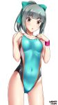  alternate_hairstyle aqua_swimsuit artist_name breasts brown_eyes competition_swimsuit covered_navel dated grey_hair highres kantai_collection looking_down one-piece_swimsuit open_mouth ponytail short_hair simple_background small_breasts solo standing swimsuit thigh_gap tsuchimiya white_background wristband yuubari_(kantai_collection) 