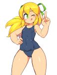  ;q ass_visible_through_thighs bangs bare_arms bare_shoulders black_swimsuit blonde_hair blush_stickers breasts collarbone covered_navel cowboy_shot eyebrows_visible_through_hair fingernails floating_hair green_eyes green_ribbon hair_between_eyes hair_ribbon hand_on_own_stomach hand_up legs_apart long_hair looking_at_viewer nisetanaka old_school_swimsuit one-piece_swimsuit one_eye_closed ponytail ribbon rockman rockman_(classic) roll school_swimsuit shiny shiny_clothes shiny_hair shiny_skin sidelocks simple_background small_breasts smile solo standing swimsuit thick_thighs thighs tongue tongue_out v white_background 