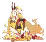  bare_shoulders barefoot barefoot_sandals blonde_hair closed_eyes controller facial_mark fate/grand_order fate_(series) fingernails floral_print forehead_mark full_body grin ibaraki_douji_(fate/grand_order) japanese_clothes joystick kimono long_hair long_sleeves looking_to_the_side oni_horns print_kimono sharp_fingernails sharp_teeth sharp_toenails shirabi simple_background sitting smile solo tattoo teeth toenails very_long_hair wavy_hair white_background yellow_kimono 