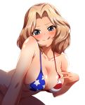  :q american_flag_bikini bikini bikini_top blonde_hair blue_eyes blush bottomless breasts cleavage collarbone commentary_request flag_print girls_und_panzer hadome highres kay_(girls_und_panzer) looking_at_viewer medium_breasts short_hair simple_background solo star swimsuit tongue tongue_out white_background 