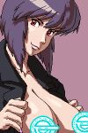  breasts censored ghost_in_the_shell ghost_in_the_shell_stand_alone_complex jacket kusanagi_motoko large_breasts laughing_man lowres novelty_censor oekaki open_clothes open_jacket portrait purple_background purple_hair rakugaki red_eyes short_hair simple_background smile solo 