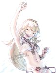  bikini blonde_hair blush braid breasts closed_eyes facing_viewer fire_emblem fire_emblem_heroes highres long_hair open_mouth sharena simple_background smile solo swimsuit tomentomob white_background 