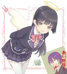  1girl angel_wings bangs black_hair black_jacket blazer blood blood_on_face blunt_bangs blush bow bowtie braid commentary_request cowboy_shot feathered_wings french_braid frilled_skirt frills grey_eyes hair_ornament hairclip halo jacket katagishi kenmochi_touya long_hair looking_at_viewer nijisanji open_mouth pink_bow pleated_skirt purple_hair red_neckwear school_uniform skirt smile thighhighs torn_clothes torn_legwear tsukino_mito virtual_youtuber white_legwear wings 
