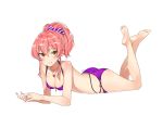  ass bangs barefoot bikini blush bow breasts cleavage collarbone commentary eyelashes feet feet_up full_body goyain grin hair_between_eyes hair_bow highres idolmaster idolmaster_cinderella_girls jewelry jougasaki_mika legs long_hair long_legs looking_at_viewer lying medium_breasts necklace on_stomach pink_hair purple_bikini shiny shiny_hair sidelocks simple_background smile solo sparkle swimsuit symbol_commentary the_pose thighs white_background yellow_eyes 