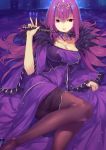  bangs breasts cleavage collarbone commentary_request dress fate/grand_order fate_(series) fur_trim hair_between_eyes highres jewelry large_breasts legs long_hair long_legs looking_at_viewer lying ohland on_side open_mouth pantyhose purple_dress purple_eyes purple_hair scathach_(fate)_(all) scathach_skadi_(fate/grand_order) smile solo thighs tiara wand wide_sleeves 