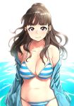  bangs bikini breasts brown_hair cleavage collarbone commentary_request cowboy_shot hair_bun idolmaster idolmaster_cinderella_girls jacket kamiya_nao large_breasts long_hair looking_at_viewer navel off_shoulder open_clothes open_jacket smile solo striped striped_bikini swimsuit tachibana_roku thick_eyebrows wading water 