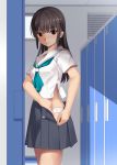  bangs black_hair brown_eyes closed_mouth eto eyebrows_visible_through_hair highres indoors locker locker_room long_hair looking_down open_clothes open_skirt original panties pleated_skirt revision school_uniform serafuku skirt solo standing underwear undressing white_panties 