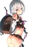  :o ass backpack bag bandaged_arm bandages bangs bare_shoulders black_gloves black_panties black_shirt blush breasts commentary_request dagger eyebrows_visible_through_hair facial_scar fate/grand_order fate_(series) fingerless_gloves gloves green_eyes hair_between_eyes head_tilt highleg highleg_panties holding holding_dagger holding_weapon jack_the_ripper_(fate/apocrypha) looking_at_viewer looking_to_the_side neckerchief panties parted_lips purple_neckwear randoseru sailor_collar scar scar_across_eye scar_on_cheek shirt shoulder_tattoo silver_hair simple_background single_glove sleeveless sleeveless_shirt small_breasts solo sune_(mugendai) tattoo underwear weapon white_background white_sailor_collar 