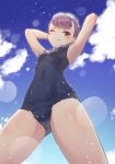  armpits arms_behind_head bare_arms bare_shoulders blue_sky blush breasts cloud cloudy_sky commentary_request covered_navel day eyebrows_visible_through_hair fate/grand_order fate_(series) from_below helena_blavatsky_(fate/grand_order) helena_blavatsky_(swimsuit_archer)_(fate) highres light_particles light_rays looking_at_viewer old_school_swimsuit one-piece_swimsuit ponytail purple_eyes purple_hair school_swimsuit short_hair sky small_breasts smile solo standing sunlight swimsuit thighs urigarasu wet wet_clothes 