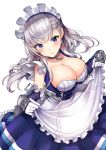  absurdres apron azur_lane bangs belfast_(azur_lane) blue_eyes blush braid breasts cannon chain cleavage collar collarbone corset dress dress_lift eyebrows_visible_through_hair floating_hair french_braid frilled_sleeves frills gauntlets gloves gui_ss head_tilt highres large_breasts lifted_by_self long_hair looking_at_viewer maid maid_headdress revision rigging sidelocks silver_hair simple_background skindentation smile solo white_background white_gloves 