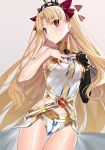  bangs bare_shoulders black_nails blonde_hair blush bow commentary cosplay cowboy_shot detached_sleeves earrings ereshkigal_(fate/grand_order) fate/grand_order fate_(series) gold_trim hair_bow hands_on_own_chest ishtar_(fate/grand_order) ishtar_(fate/grand_order)_(cosplay) jewelry leotard long_hair long_sleeves looking_at_viewer nail_polish parted_bangs red_bow red_eyes single_sleeve tiara two_side_up very_long_hair white_leotard yaoshi_jun 