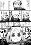  1girl abigail_williams_(fate/grand_order) black_jacket bow check_commentary closed_mouth comic commentary_request crossed_bandaids fate/grand_order fate_(series) greyscale hair_bow hair_bun heroic_spirit_traveling_outfit jacket long_hair monochrome open_mouth polka_dot polka_dot_bow smile takuteks translated very_long_sleeves you're_doing_it_wrong 