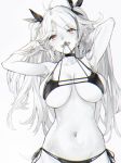  antenna_hair armpits arms_up azur_lane bikini breasts bright_pupils choker chromatic_aberration commentary earrings eyebrows_visible_through_hair greyscale grin hands_in_hair jewelry large_breasts long_hair looking_at_viewer mole mole_on_breast monochrome mouth_hold multi-strapped_bikini multicolored_hair navel necklace prinz_eugen_(azur_lane) side-tie_bikini simple_background skindentation smile solo spot_color streaked_hair supertie swimsuit two_side_up 