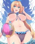  ball beachball bikini black_bikini blonde_hair blue_eyes blue_sky breasts cloud commentary_request cowboy_shot day frilled_bikini frills from_below front-tie_top hasu_(hk_works) large_breasts long_hair looking_at_viewer mirai_akari mirai_akari_project navel open_mouth sky smile solo standing swimsuit underboob virtual_youtuber water 