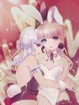  animal_ears bare_shoulders blue_eyes blurry blurry_background breasts brown_hair bunny_day bunny_ears bunny_girl bunny_tail bunnysuit cleavage closed_mouth dated detached_collar earrings english fake_animal_ears hairband highres holding_hands jewelry leotard long_hair looking_at_viewer medium_breasts mimumiri multiple_girls nail_polish original red_eyes tail white_hair wrist_cuffs yuri 