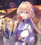  3girls astolfo_(fate) bangs black_bow black_eyes blonde_hair blue_eyes blue_flower blue_kimono blush bow braid brown_hair candy_apple commentary_request eyebrows_visible_through_hair fang fate/apocrypha fate_(series) festival fireworks floating_hair floral_print flower food hair_between_eyes hair_bow hair_flower hair_intakes hair_ornament highres holding holding_food holding_stuffed_animal index_finger_raised japanese_clothes jeanne_d'arc_(fate) jeanne_d'arc_(fate)_(all) kimono kusumoto_touka long_hair long_sleeves looking_at_viewer multicolored_hair multiple_boys multiple_girls night night_sky obi open_mouth orange_hair otoko_no_ko outdoors pink_hair purple_eyes sash shiny shiny_hair sidelocks sieg_(fate/apocrypha) single_braid sky smile stand standing streaked_hair stuffed_animal stuffed_toy summer_festival tree wide_sleeves yukata 