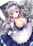  absurdres apron azur_lane bangs belfast_(azur_lane) blue_eyes blush braid breasts cannon chain cleavage collar collarbone corset dress dress_lift eyebrows_visible_through_hair floating_hair french_braid frilled_sleeves frills gauntlets gloves gui_ss head_tilt highres large_breasts lifted_by_self long_hair looking_at_viewer machinery maid maid_headdress revision rigging sidelocks silver_hair simple_background skindentation smile solo turret white_background white_gloves 