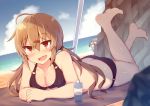  ass beach bikini black_bikini blue_eyes blue_sky blush breasts brown_eyes brown_hair cleavage cloud collarbone commentary_request day fang gangut_(kantai_collection) grey_hair hair_between_eyes hat hibiki_(kantai_collection) highres kantai_collection long_hair looking_at_viewer low_twintails lying medium_breasts multiple_girls ocean oil on_stomach open_mouth outdoors parasol rock sand shinopoko silver_hair sky smile sun sun_hat swimsuit tashkent_(kantai_collection) towel twintails umbrella 