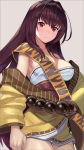  bangs bare_shoulders bead_belt beads beppu_mitsunaka blush breasts brown_hair cleavage collarbone cosplay cowboy_shot fate/grand_order fate_(series) frown highres ibaraki_douji_(fate/grand_order) ibaraki_douji_(fate/grand_order)_(cosplay) japanese_clothes kimono large_breasts long_hair long_sleeves looking_at_viewer red_eyes scathach_(fate)_(all) scathach_(fate/grand_order) short_kimono simple_background yellow_kimono 