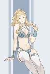  bikini blonde_hair bra breasts brown_eyes clair_(fire_emblem) fire_emblem fire_emblem_echoes:_mou_hitori_no_eiyuuou holding holding_hair iktk long_hair looking_at_viewer navel panties playing_with_own_hair ponytail simple_background smile solo swimsuit thighhighs underwear underwear_only 