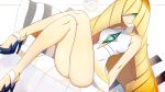  arm_at_side bare_legs bare_shoulders big_hair black_footwear blonde_hair breasts character_name closed_mouth crossed_legs dress gold_trim head_tilt high_heels highres long_hair looking_at_viewer lusamine_(pokemon) no_legwear no_socks parted_lips pillow pokemon pokemon_(game) pokemon_sm see-through shiny shiny_skin shoes sitting sleeveless sleeveless_dress small_breasts smile solo teeth text_focus very_long_hair vivivoovoo white_dress 