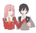  1girl bangs black_hair blue_eyes candy commentary_request couple darling_in_the_franxx eyebrows_visible_through_hair food green_eyes hair_ornament hairband hand_up hetero hiro_(darling_in_the_franxx) holding holding_food holding_lollipop horns lollipop long_hair long_sleeves mekune military military_uniform mouth_hold necktie oni_horns orange_neckwear pink_hair red_horns red_neckwear sharing_food uniform white_hairband zero_two_(darling_in_the_franxx) 