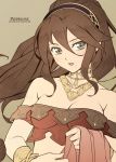  blush bracelet brown_hair dancer jewelry long_hair looking_at_viewer necklace octopath_traveler primrose_azelhart simple_background solo you_haruka 