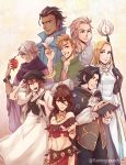  4girls alfyn_(octopath_traveler) armor bag bandages blonde_hair book bracelet braid brown_hair cape cyrus_(octopath_traveler) dancer dress everyone fingerless_gloves flamingo_(eme324) gloves green_eyes h'aanit_(octopath_traveler) hair_over_one_eye hat highres jewelry long_hair looking_at_viewer multiple_boys multiple_girls necklace octopath_traveler olberic_eisenberg open_mouth ophilia_(octopath_traveler) primrose_azelhart scar short_hair simple_background smile staff therion_(octopath_traveler) tressa_(octopath_traveler) weapon white_hair yellow_eyes 