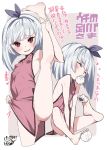  bane_(haibanemumi) bangs baozi bare_shoulders barefoot blunt_bangs blush breasts china_dress chinese_clothes commentary_request dress eating eyebrows_visible_through_hair fang feet food grey_hairband hairband highres holding holding_food no_panties pink_dress red_eyes short_hair silver_hair slit_pupils small_breasts smile soles white_hair 