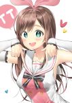  a.i._channel aqua_eyes armpits bad_id bad_twitter_id bare_shoulders blush breasts brown_hair buttons collarbone commentary_request detached_sleeves double-breasted eyebrows_visible_through_hair h_shai hairband heart kizuna_ai long_hair long_sleeves looking_at_viewer medium_breasts multicolored_hair open_mouth pink_hair pink_hairband pointing pointing_at_self round_teeth shirt sleeveless sleeveless_shirt smile teeth two-tone_hair upper_body virtual_youtuber 