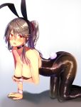  alternate_costume alternate_hairstyle animal_ears arm_under_breasts ass bangs bare_shoulders black_hair black_legwear black_leotard blush breasts brown_eyes bunny_ears bunny_girl bunny_tail bunnysuit choker cleavage collarbone commentary_request eyebrows_visible_through_hair fake_animal_ears flying_sweatdrops hair_between_eyes hair_ornament hairband hairclip haruna_(kantai_collection) highres kantai_collection large_breasts leotard long_hair looking_at_viewer open_mouth pantyhose ponytail shiny shiny_clothes shiny_hair sidelocks solo tail tsukui_kachou wrist_cuffs 