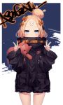  abigail_williams_(fate/grand_order) bangs black_bow black_jacket blonde_hair blue_eyes blush bow character_name chariot.f commentary_request covered_mouth cowboy_shot double_v eyebrows_visible_through_hair fate/grand_order fate_(series) hair_bow hair_bun hands_up heroic_spirit_traveling_outfit jacket long_hair long_sleeves looking_at_viewer orange_bow parted_bangs polka_dot polka_dot_bow sleeves_past_wrists solo standing stuffed_animal stuffed_toy teddy_bear v 