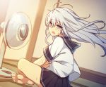  :o bangs barefoot black_sailor_collar black_skirt blush commentary_request crossed_legs dutch_angle electric_fan eyebrows_visible_through_hair grey_eyes hair_between_eyes hibiki_(kantai_collection) highres indoors kantai_collection long_hair looking_at_viewer looking_to_the_side motion_blur open_mouth pleated_skirt sailor_collar shinopoko shirt short_sleeves silver_hair sitting skirt soles solo sweat very_long_hair white_shirt 