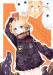  abigail_williams_(fate/grand_order) absurdres arm_up balloon bandaid_on_forehead bangs black_bow black_jacket blonde_hair blue_eyes blush bow commentary_request dated dutch_angle eyebrows_visible_through_hair fate/grand_order fate_(series) hair_bow hair_bun heroic_spirit_traveling_outfit highres jacket long_hair long_sleeves looking_at_viewer medjed on_head orange_bow outline parted_bangs polka_dot polka_dot_bow signature sleeves_past_fingers sleeves_past_wrists solo stuffed_animal stuffed_toy suction_cups teddy_bear tentacles white_outline yukineko1018 