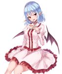  :d bangs bat_wings blue_hair blush breasts center_frills choker commentary cup eyebrows_visible_through_hair fang frilled_choker frilled_shirt frilled_skirt frills grey_wings hair_between_eyes highres holding holding_cup juliet_sleeves junior27016 long_sleeves looking_at_viewer medium_breasts medium_hair open_mouth pink_shirt pink_skirt pointy_ears puffy_sleeves red_choker red_eyes red_frills remilia_scarlet shirt simple_background sitting sketch skirt skirt_set smile solo tea teacup touhou white_background white_shirt white_skirt wings 