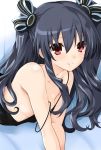  bare_shoulders black_hair blush closed_mouth eyebrows_visible_through_hair hair_ornament hair_ribbon iwasi-r long_hair looking_at_viewer neptune_(series) red_eyes ribbon smile solo strap_slip two_side_up uni_(choujigen_game_neptune) 
