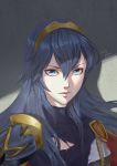  armor artist_name azto_dio blue_eyes blue_hair blue_shirt closed_mouth commentary english_commentary eyelashes facing_viewer fire_emblem fire_emblem:_kakusei fire_emblem_heroes gold_trim hair_between_eyes highres lips long_hair looking_at_viewer lucina realistic shirt shoulder_armor tiara torn_clothes 