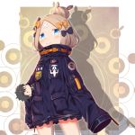  abigail_williams_(fate/grand_order) bandaid_on_forehead bangs black_bow black_hair black_jacket blonde_hair blue_eyes blush bow character_doll closed_mouth commentary_request cowboy_shot eyebrows_visible_through_hair fate/grand_order fate_(series) fujimaru_ritsuka_(male) hair_bow hair_bun heroic_spirit_traveling_outfit highres jacket long_hair long_sleeves looking_at_viewer object_hug orange_bow parted_bangs polar_chaldea_uniform polka_dot polka_dot_bow sleeves_past_fingers sleeves_past_wrists smile solo su_guryu uniform 