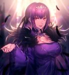  bangs breasts cleavage commentary_request dress fate/grand_order fate_(series) feathers fur_trim hair_between_eyes hand_up jewelry large_breasts long_hair looking_at_viewer moe_(hamhamham) purple_dress purple_hair red_eyes scathach_(fate)_(all) scathach_skadi_(fate/grand_order) smile solo sunlight tiara wide_sleeves window 