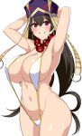  alternate_costume armpits arms_behind_head arms_up bare_shoulders beads bikini black_hair blush breasts collarbone cowboy_shot eyebrows_visible_through_hair fate/grand_order fate_(series) hat horosuke_(toot08) huge_breasts long_hair looking_at_viewer navel prayer_beads purple_eyes revealing_clothes sideboob simple_background slingshot_swimsuit smile solo strap_gap swimsuit white_background white_swimsuit xuanzang_(fate/grand_order) 