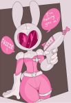  2018 5_fingers anthro armor breasts captaineaglesmut clothing dialogue english_text female gloves helmet lagomorph looking_at_viewer mammal pinku_(miscon) rabbit ray_gun small_breasts solo text thick_thighs thigh_gap uniform weapon 