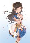  blue_skirt brown_eyes brown_hair choker collarbone commentary_request confetti hair_ribbon hanarito hand_on_hip idolmaster idolmaster_million_live! idolmaster_million_live!_theater_days kitazawa_shiho long_hair looking_at_viewer nouvelle_tricolor open_mouth ribbon skirt solo wavy_hair white_legwear 