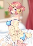  1girl absurdres ass bandage bandaged_leg bandages bangs bare_shoulders bikini blue_bikini blue_eyes blurry blurry_background blush breasts collarbone detached_sleeves double_bun fate/apocrypha fate/grand_order fate_(series) frankenstein&#039;s_monster_(fate) frankenstein&#039;s_monster_(swimsuit_saber)_(fate) hair_ornament hair_over_one_eye hairclip highres horn jacket nebusoku off_shoulder pink_hair single_detached_sleeve sitting small_breasts solo swimsuit thighs wariza yellow_jacket 