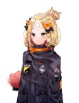  abigail_williams_(fate/grand_order) bandaid_on_forehead bangs black_bow black_jacket blonde_hair blue_eyes blush bow closed_mouth eyebrows_visible_through_hair fate/grand_order fate_(series) fingernails haga hair_bow hair_bun heroic_spirit_traveling_outfit highres jacket long_hair long_sleeves looking_at_viewer object_hug orange_bow parted_bangs polka_dot polka_dot_bow simple_background sleeves_past_fingers sleeves_past_wrists solo stuffed_animal stuffed_toy teddy_bear upper_body white_background 